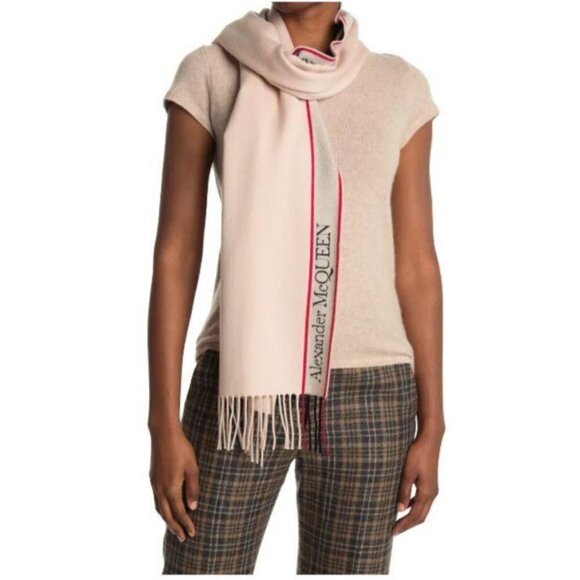 Alexander McQueen Accessories - Alexander McQueen Womens Logo Pink Wool Cashmere Fringe Trim Rectangle Scarf New